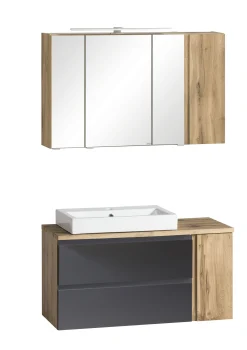 Badezimmerset Varese | Waschtisch und Spiegelschrank mit Beleuchtung | Wotan Eiche Graues Design