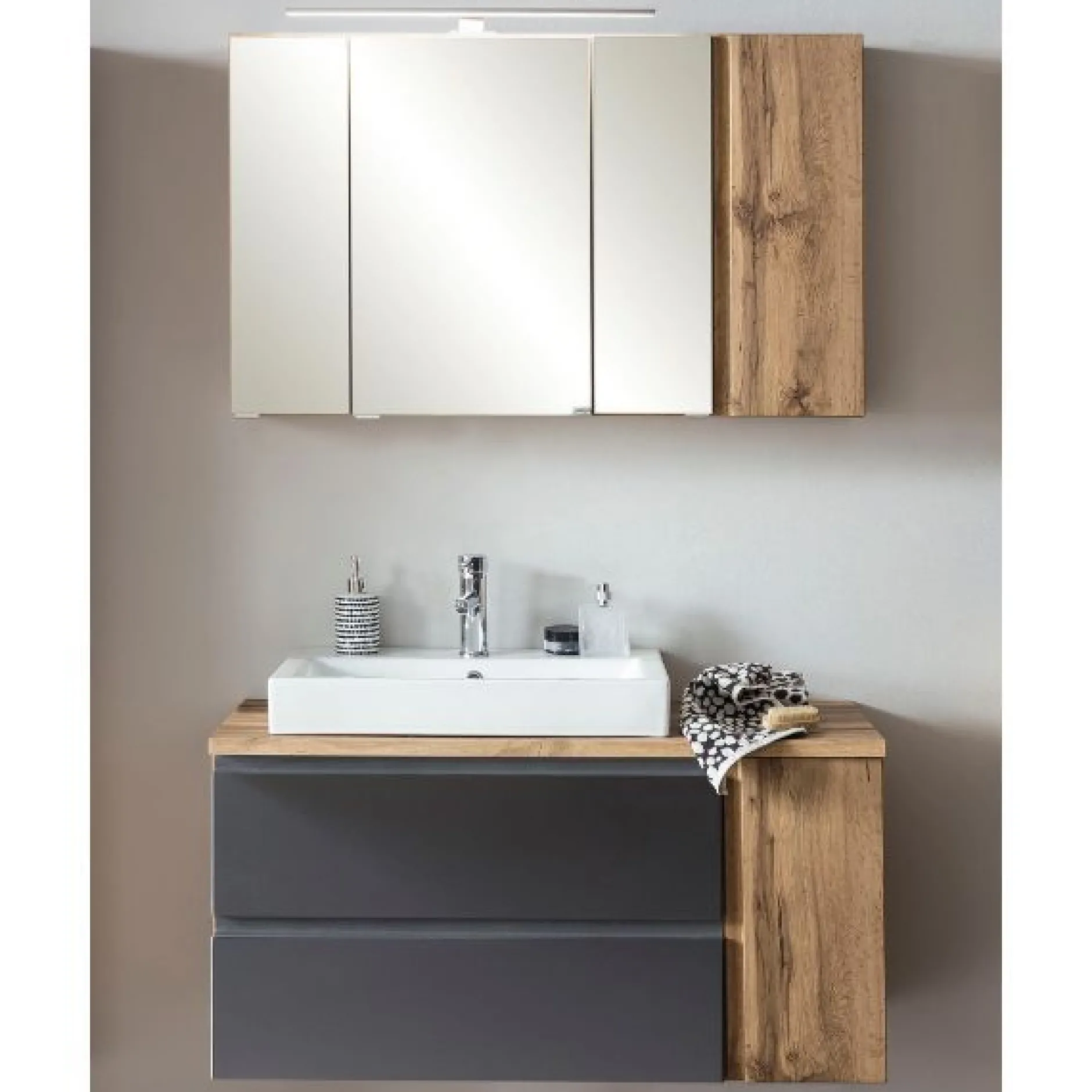 Badezimmerset Varese | Waschtisch und Spiegelschrank mit Beleuchtung | Wotan Eiche Graues Design