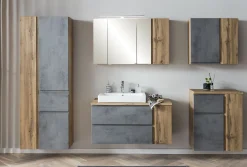 Badezimmerset Varese | Waschtisch und Spiegelschrank mit Beleuchtung | Wotan Eiche Beton Design