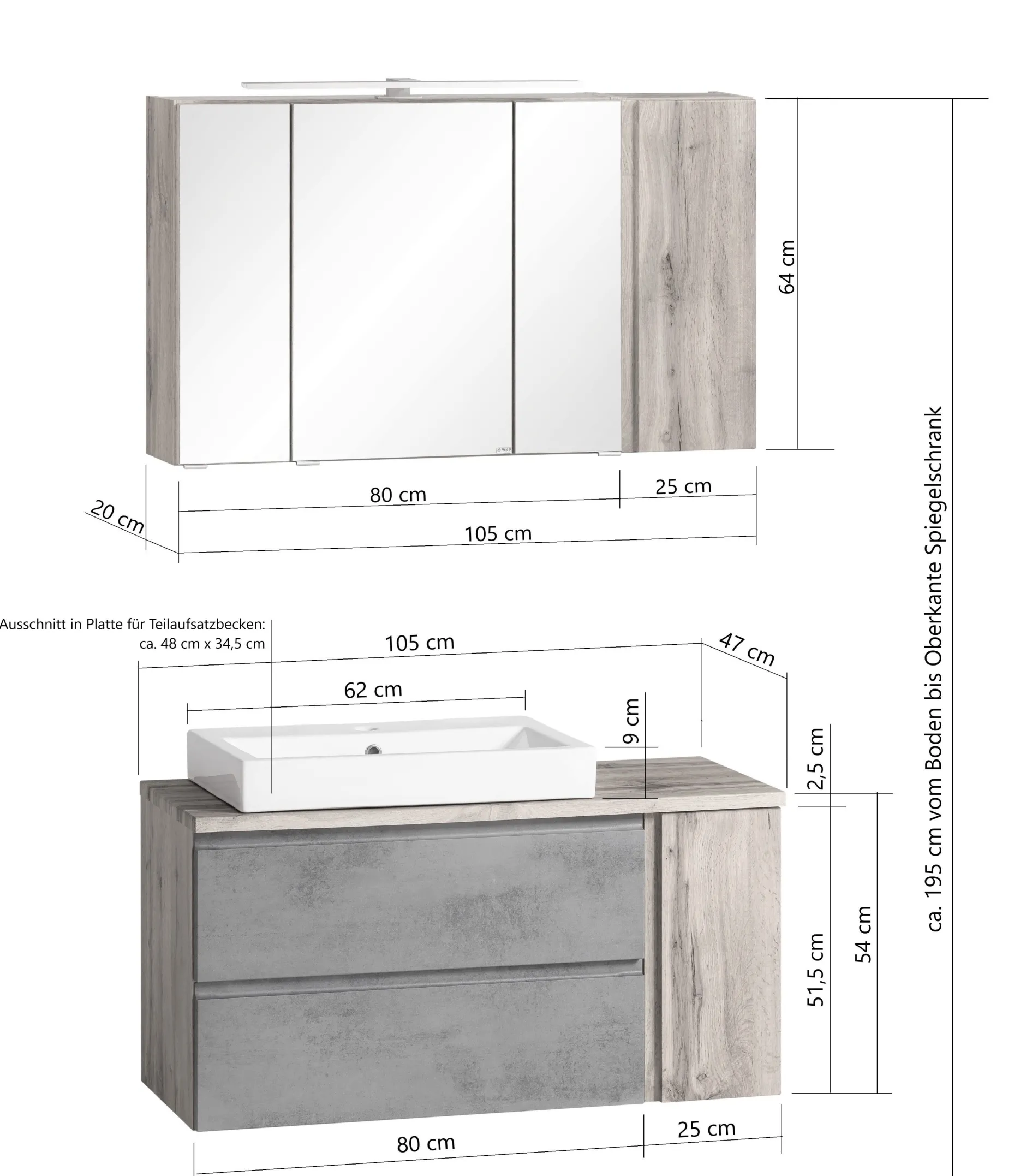 Badezimmerset Varese | Waschtisch und Spiegelschrank mit Beleuchtung | Wotan Eiche Beton Design