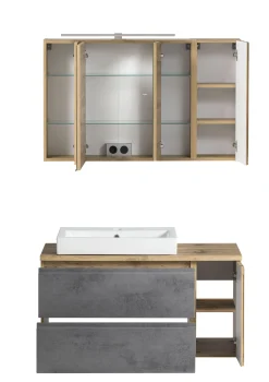 Badezimmerset Varese | Waschtisch und Spiegelschrank mit Beleuchtung | Wotan Eiche Beton Design