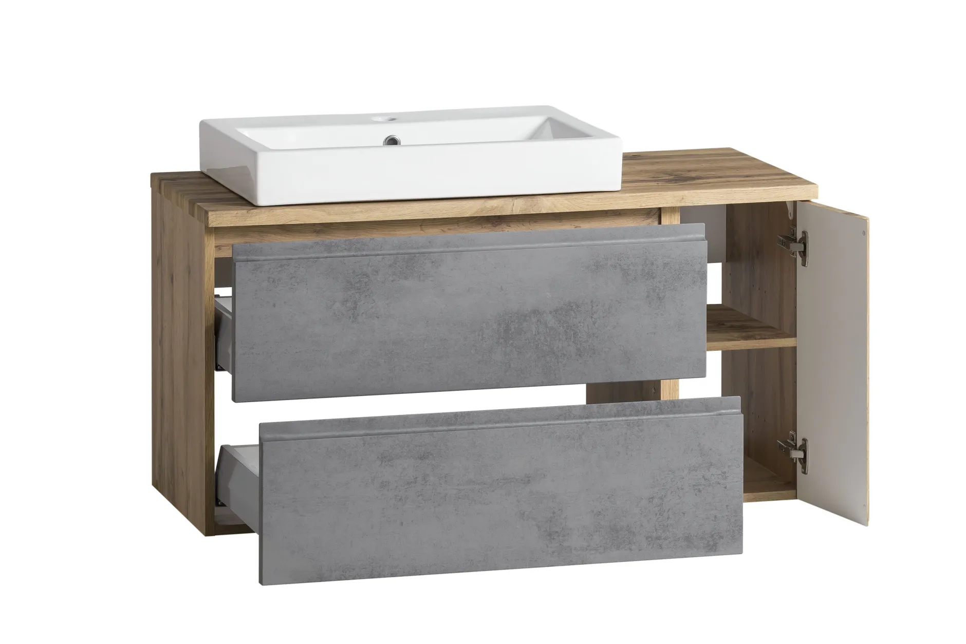 Badezimmerset Varese | Waschtisch und Spiegelschrank mit Beleuchtung | Wotan Eiche Beton Design