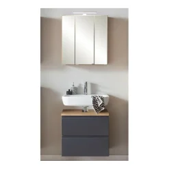 Badezimmerset Varese | Waschtisch und Spiegelschrank mit Beleuchtung | Wotan Eiche Graues Design