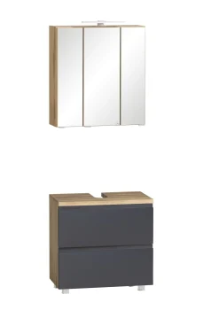 Badezimmerset Varese | Waschtisch und Spiegelschrank mit Beleuchtung | Wotan Eiche Graues Design