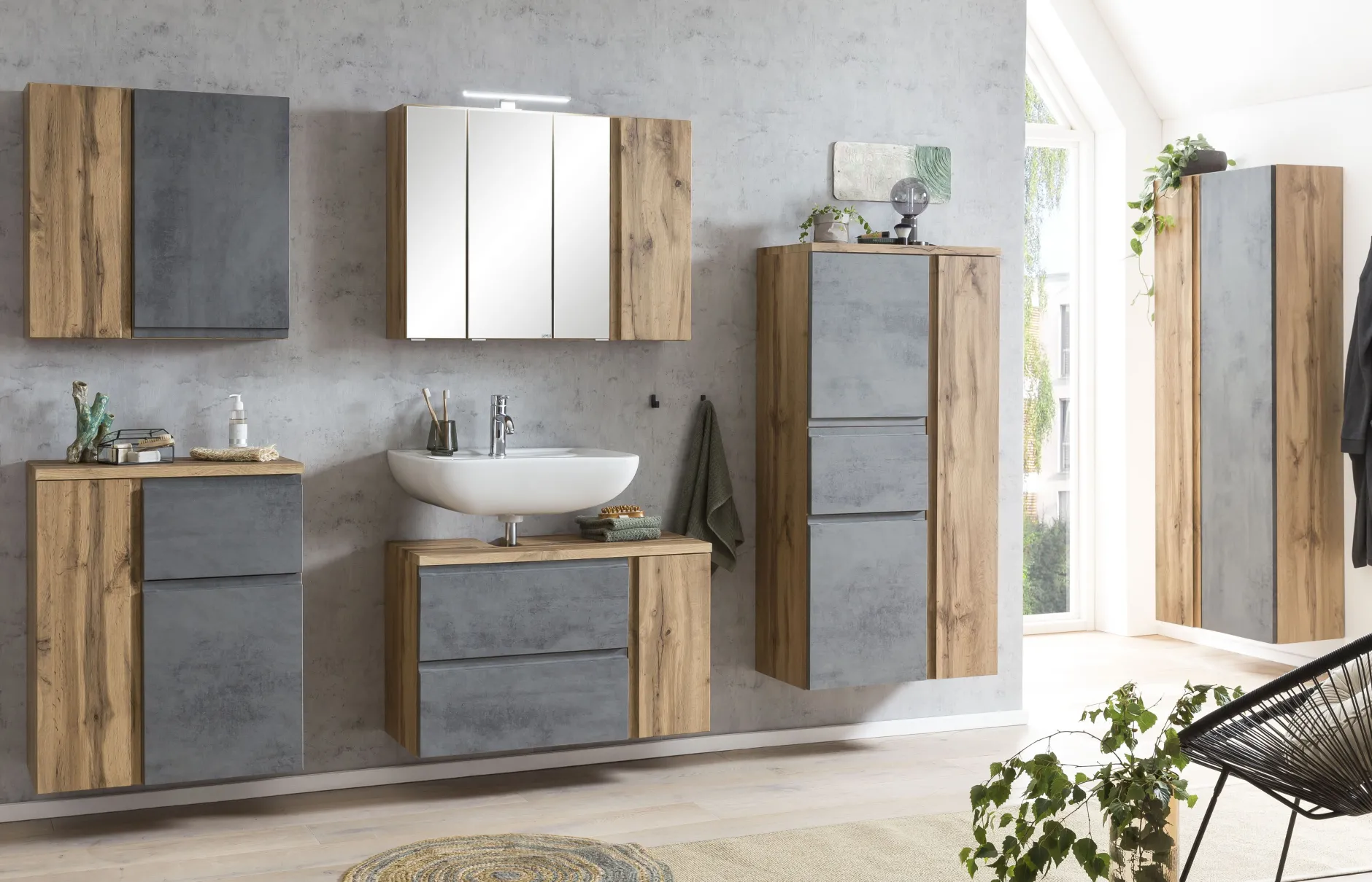 Badezimmerset Varese | Waschtisch und Spiegelschrank mit Beleuchtung | Wotan Eiche Beton Design