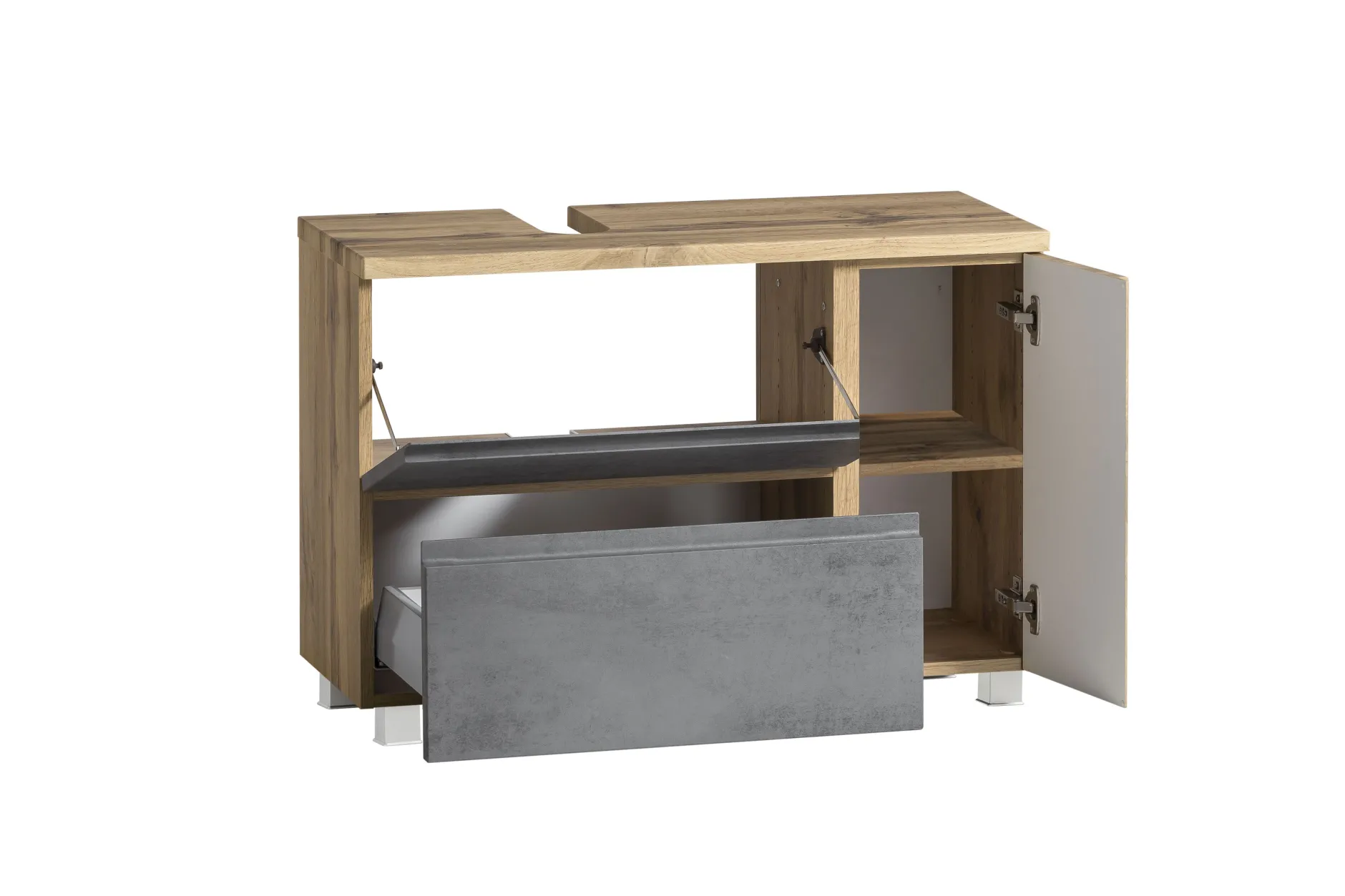 Badezimmerset Varese | Waschtisch und Spiegelschrank mit Beleuchtung | Wotan Eiche Beton Design