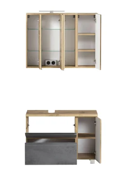 Badezimmerset Varese | Waschtisch und Spiegelschrank mit Beleuchtung | Wotan Eiche Beton Design