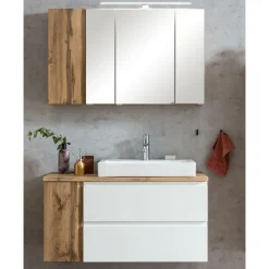 Badezimmerset Varese | Waschtisch und Spiegelschrank mit Beleuchtung | Wotan Eiche weißes Design