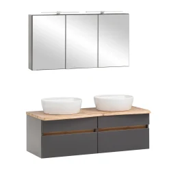 Badezimmerset Villach | Doppelwaschtisch und Spiegelschrank mit Beleuchtung | Design Graphitgrau