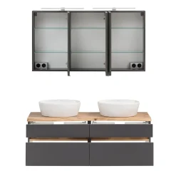 Badezimmerset Villach | Doppelwaschtisch und Spiegelschrank mit Beleuchtung | Design Graphitgrau
