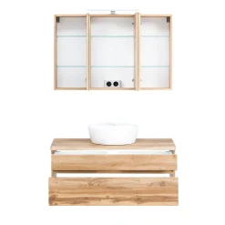 Badezimmerset Villach | Waschtisch- und Spiegelschrank mit Beleuchtung | Wotan Eiche Design