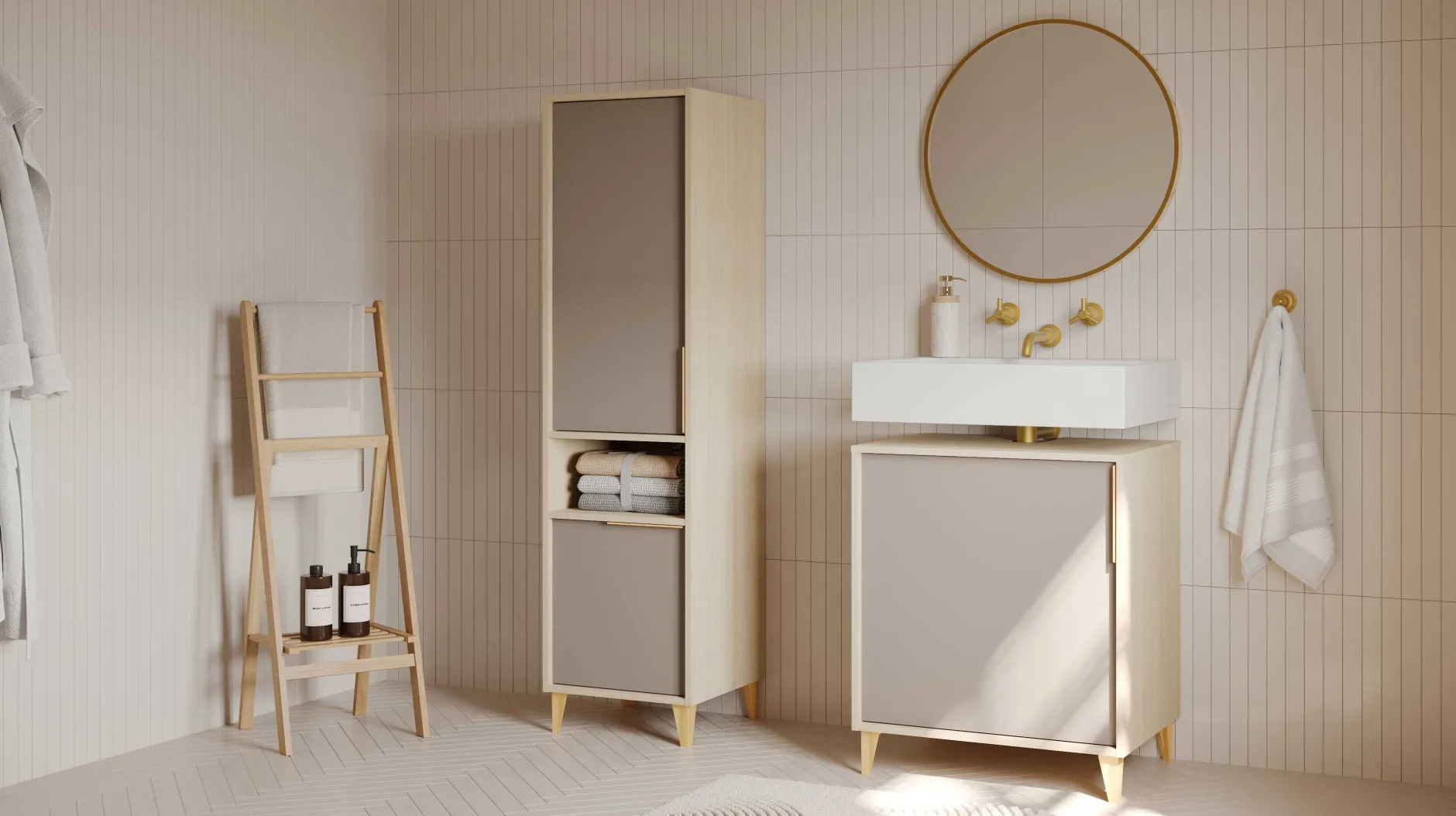 Badezimmer-Säulenschrank Azul - 40x40x153cm - 2 Türen - beige