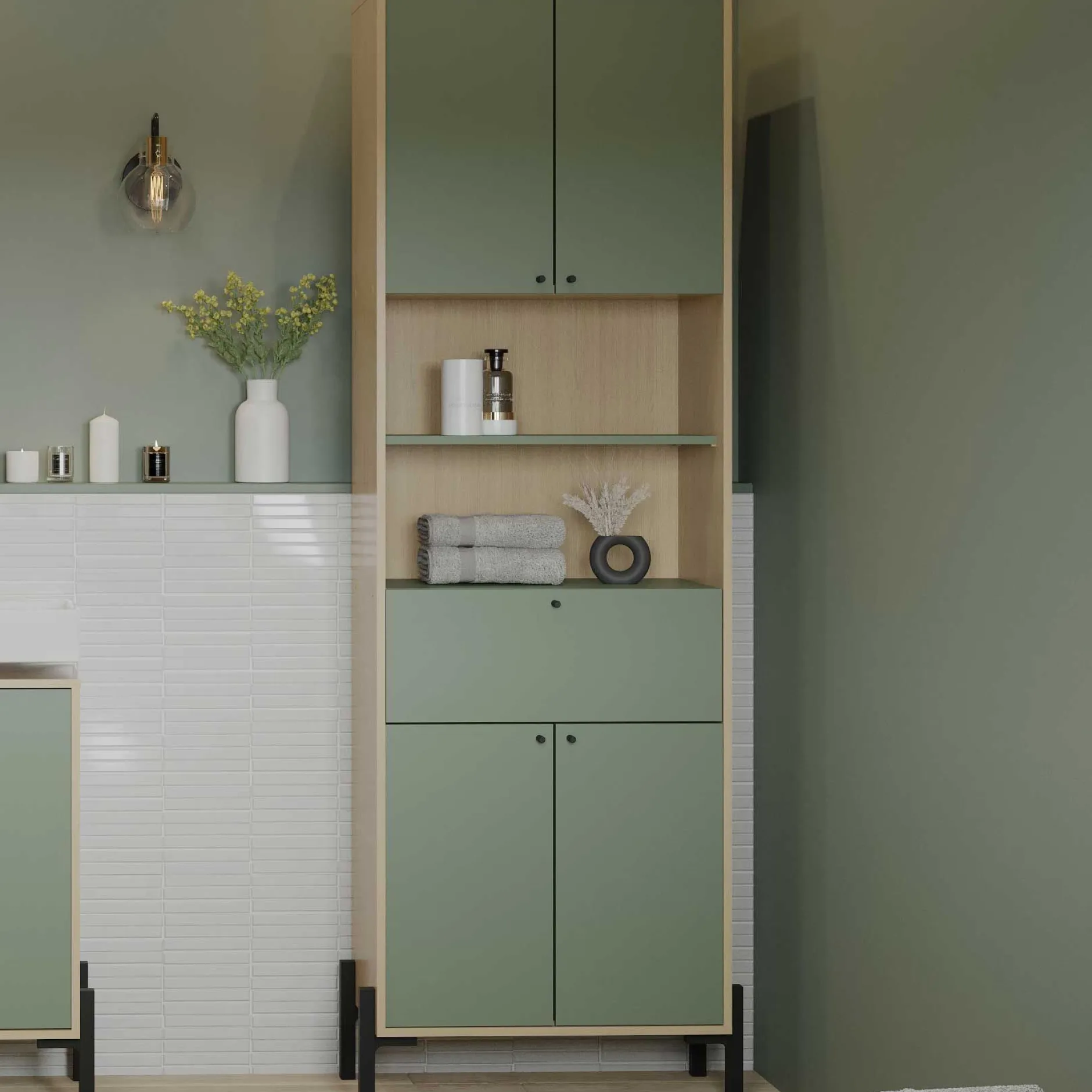 Badezimmersäulenschrank Calypso - 69x33x201cm - 4 Türen und 1 Schublade - Eiche Dekor/Grün