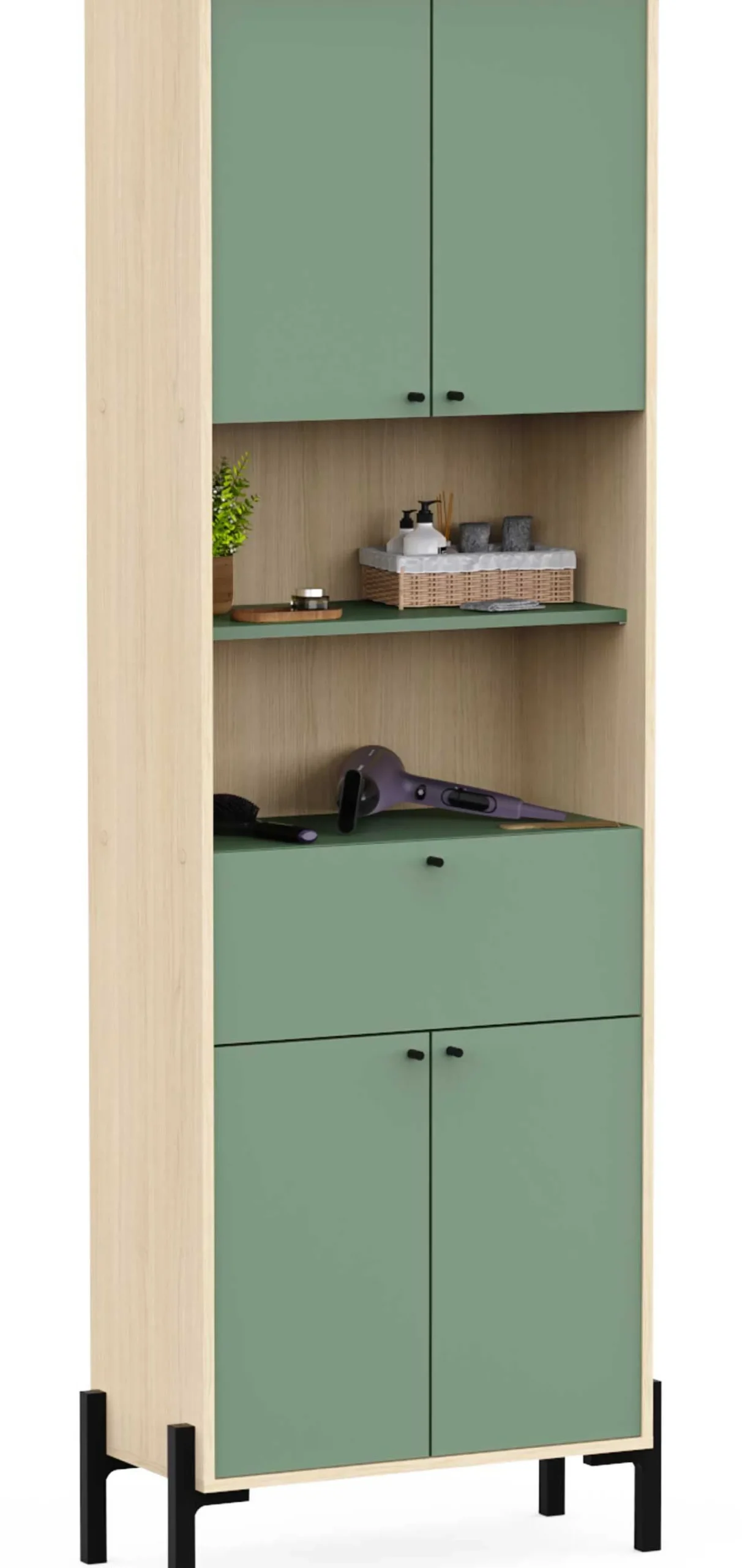 Badezimmersäulenschrank Calypso - 69x33x201cm - 4 Türen und 1 Schublade - Eiche Dekor/Grün