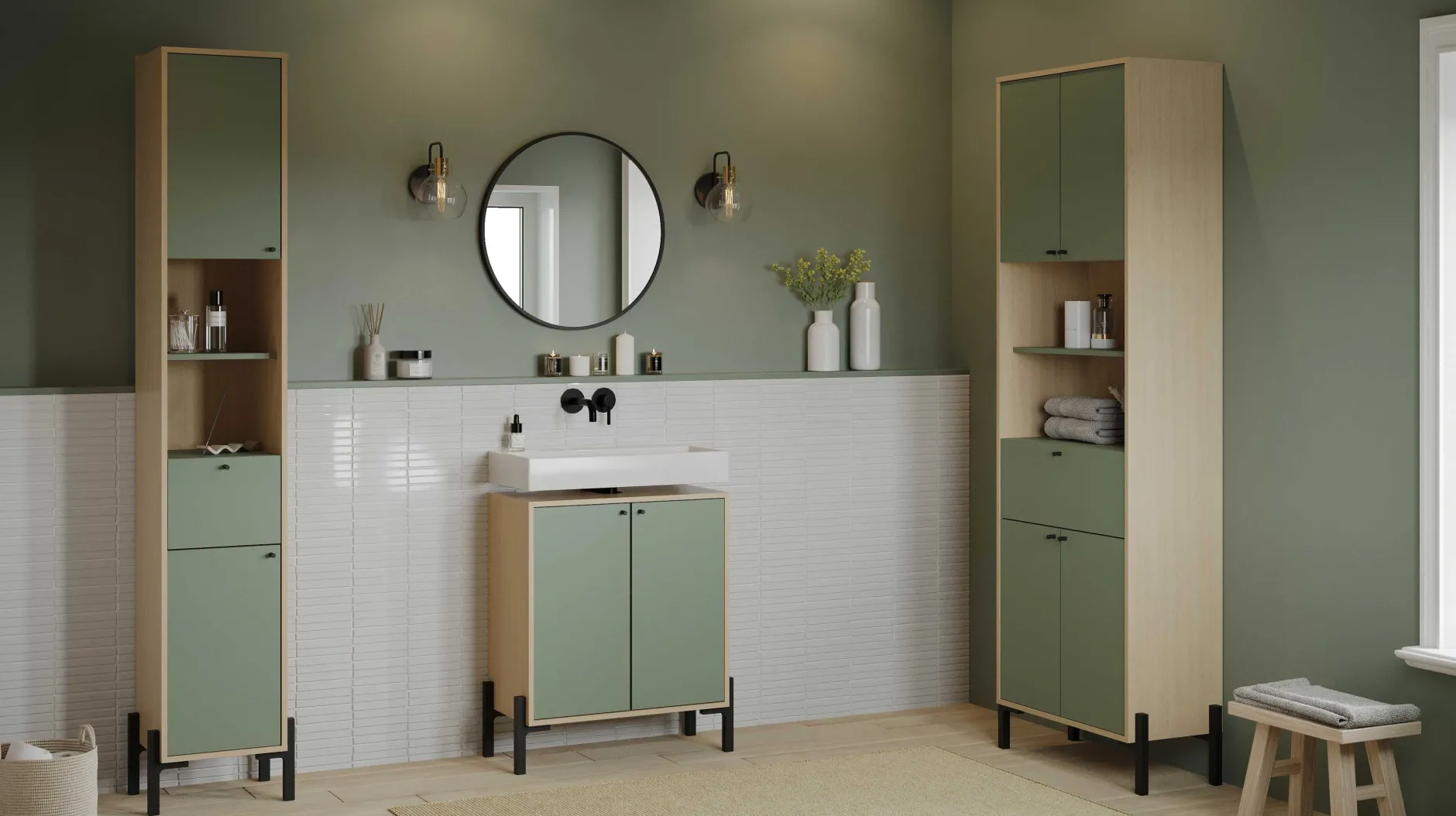 Badezimmersäulenschrank Calypso - 39x33x201cm - 2 Türen und 1 Schublade - Eiche Dekor/Grün