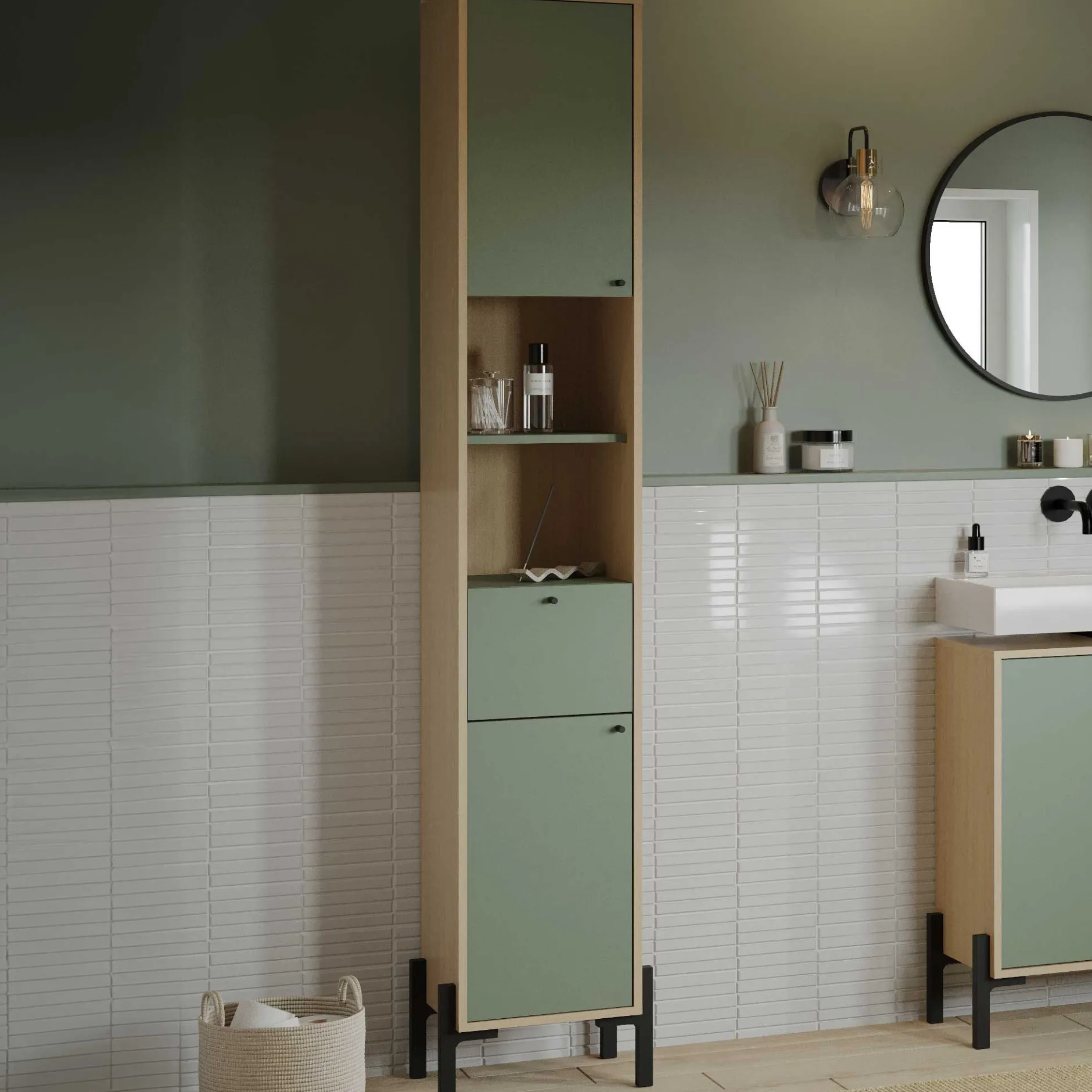Badezimmersäulenschrank Calypso - 39x33x201cm - 2 Türen und 1 Schublade - Eiche Dekor/Grün