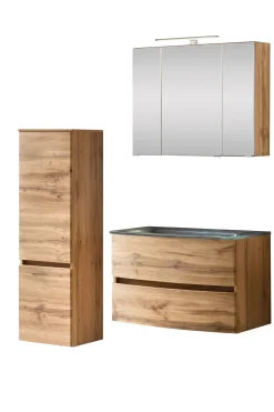 Badkombination Kornel 4 3-teilig mit grauem Waschbecken - Eiche