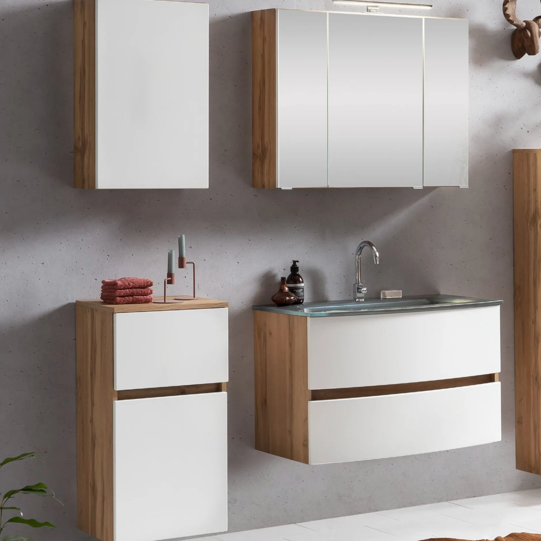 Badkombination Kornel 8 4-teilig mit grauem Waschbecken - Eiche/Mattweiß