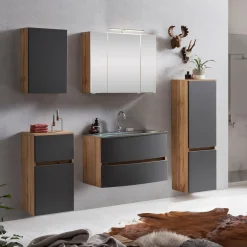 Badkombination Kornel 12 5-teilig mit grauem Waschbecken - Eiche/mattgrau