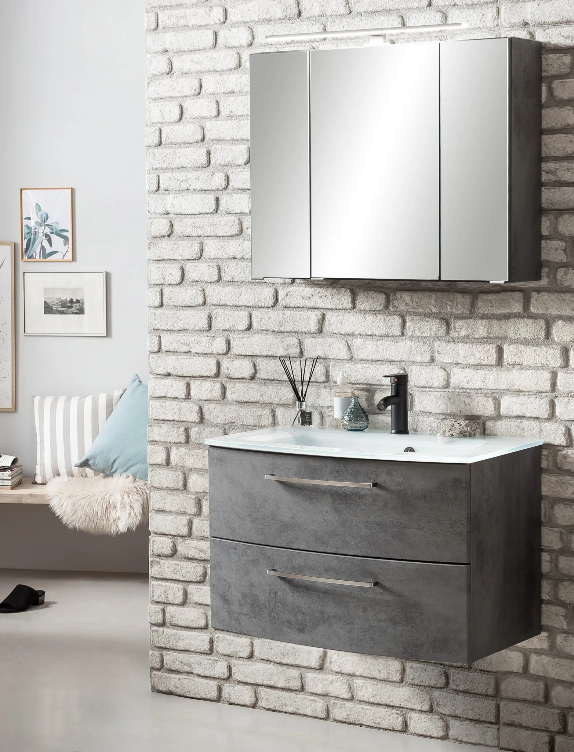 Badkombination Stivan 2-teilig mit weißem Waschbecken - Beton