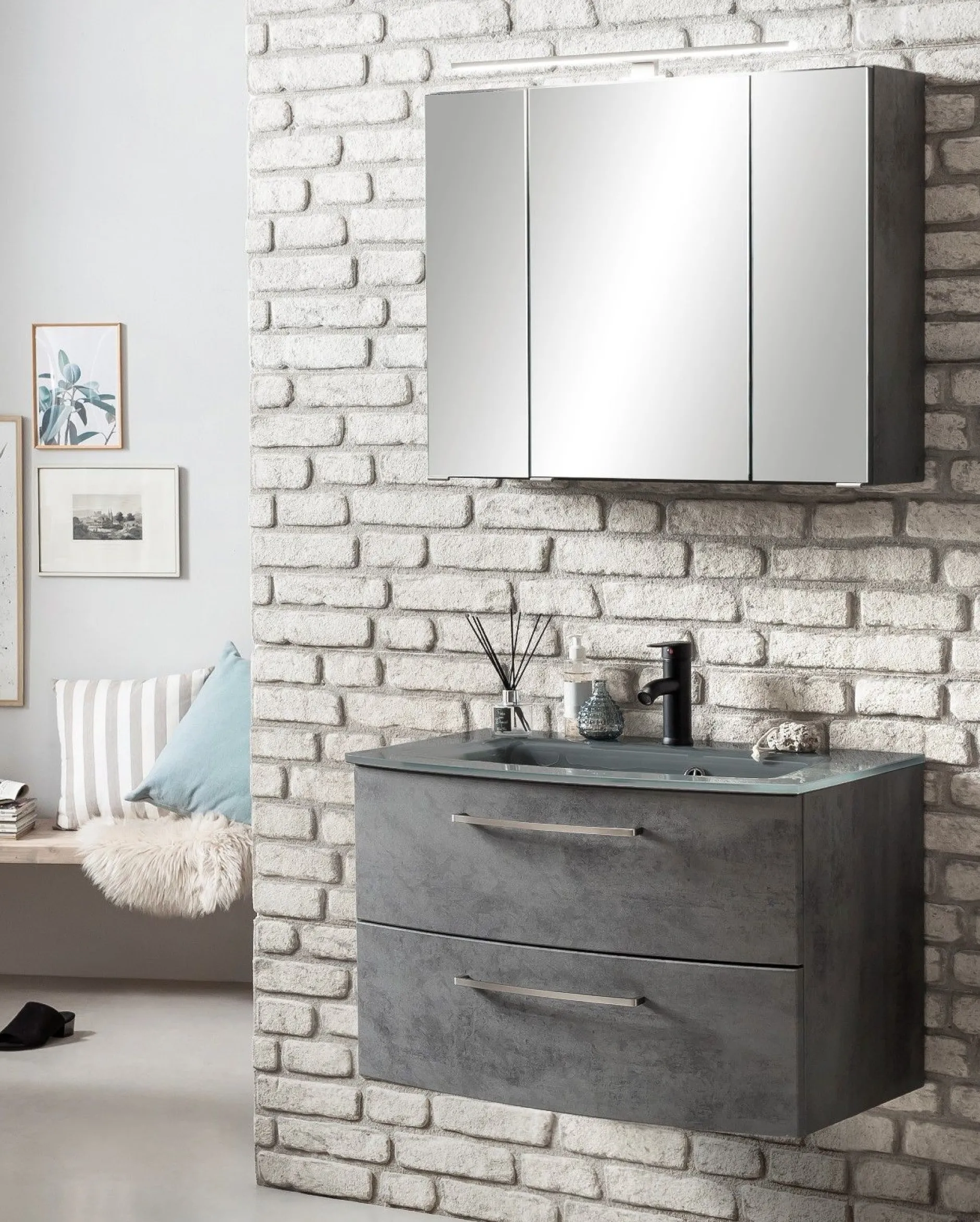 Badkombination Stivan 2-teilig mit grauem Waschbecken - Beton