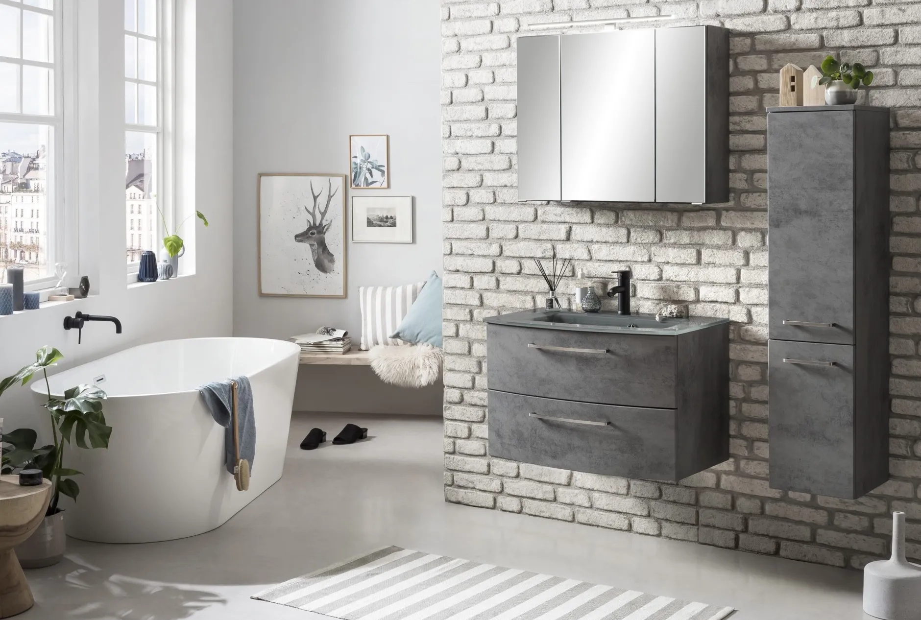 Badkombination Stivan 2-teilig mit grauem Waschbecken - Beton
