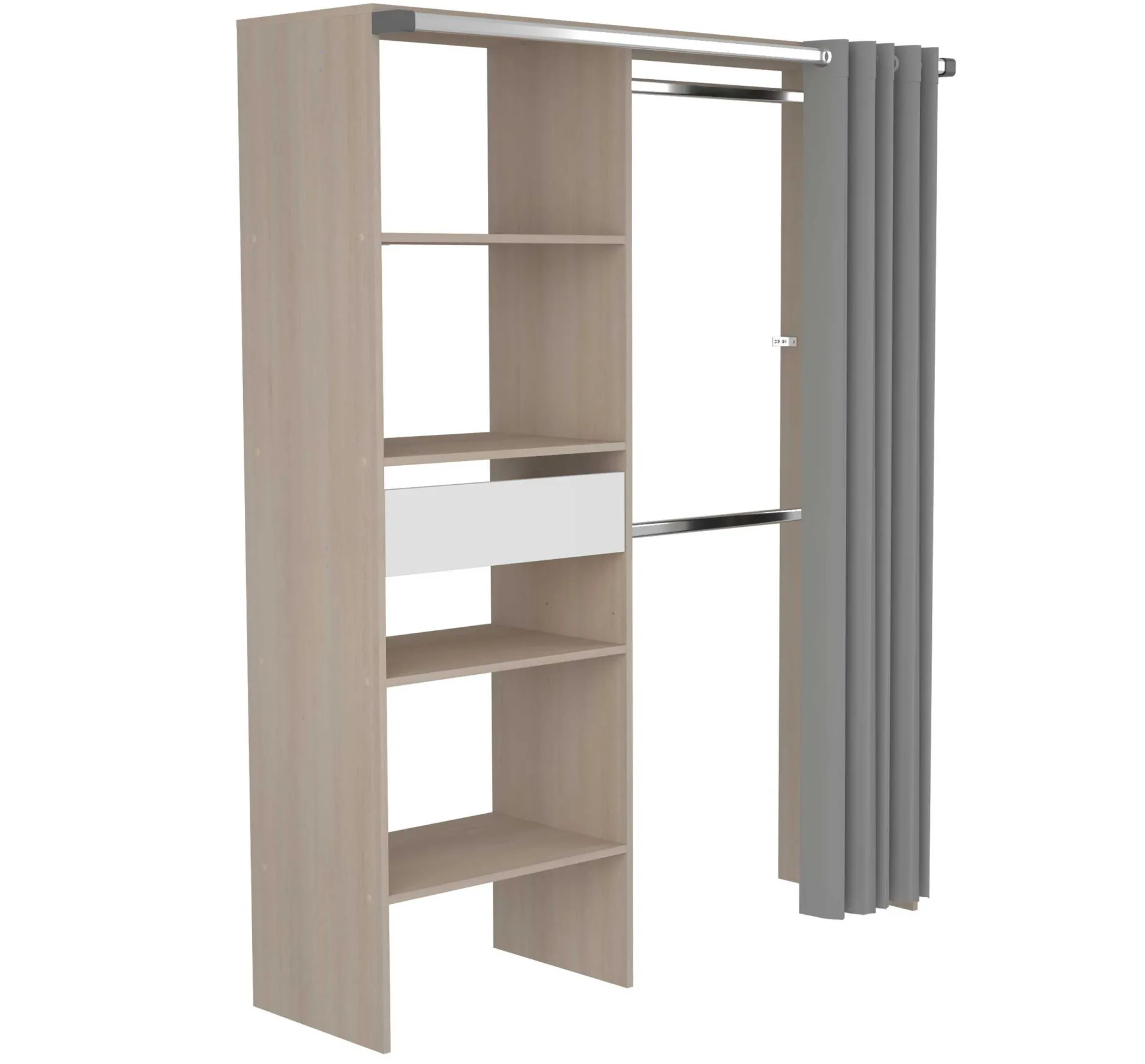 Balu Offener Kleiderschrank - 143x48x182cm - mit Vorhang - Akazie/Grau