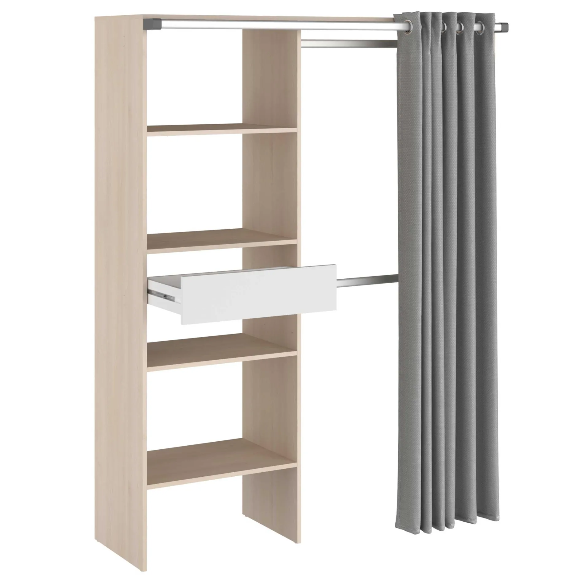 Balu Offener Kleiderschrank - 143x48x182cm - mit Vorhang - Akazie/Grau