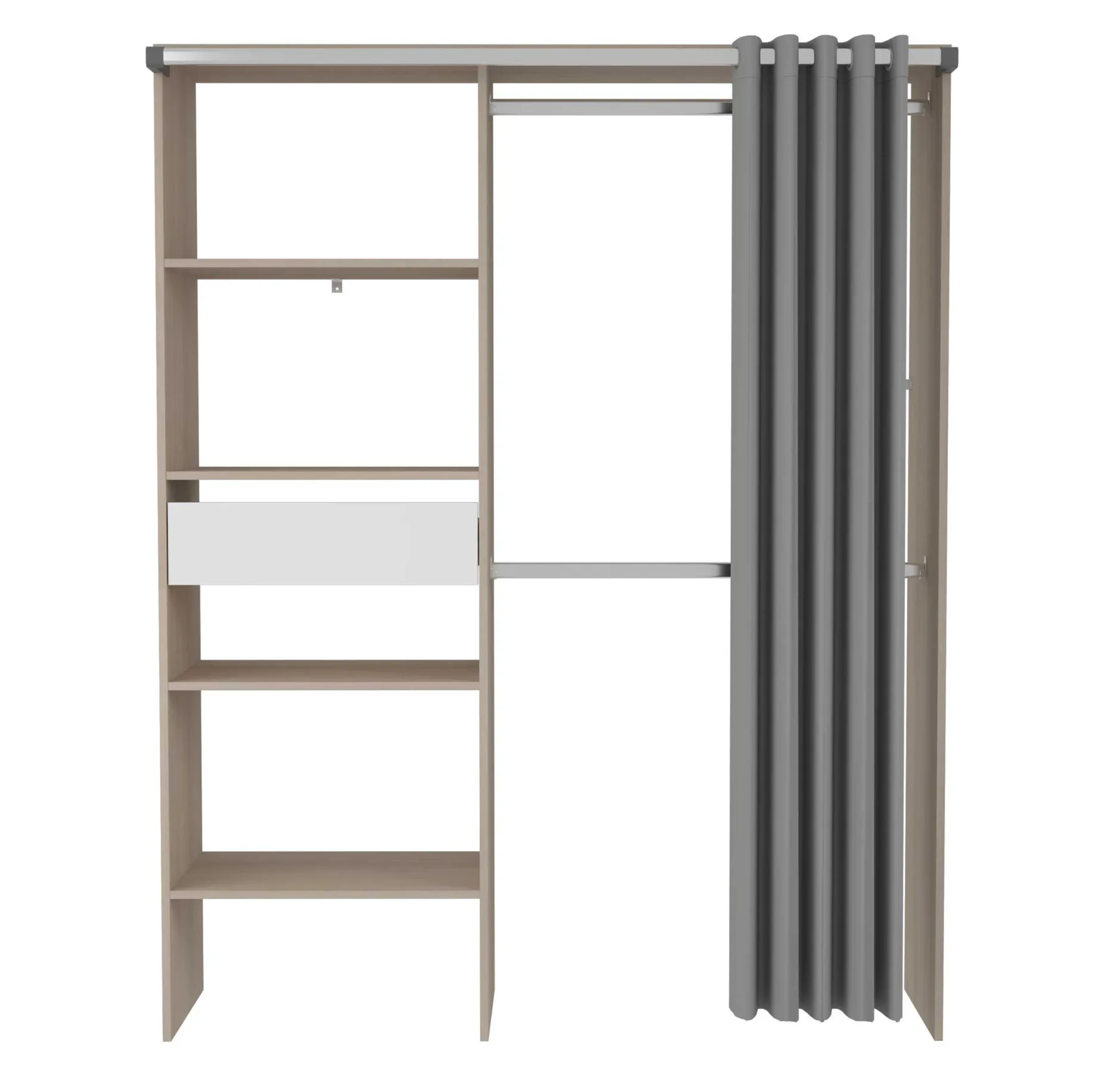 Balu Offener Kleiderschrank - 143x48x182cm - mit Vorhang - Akazie/Grau