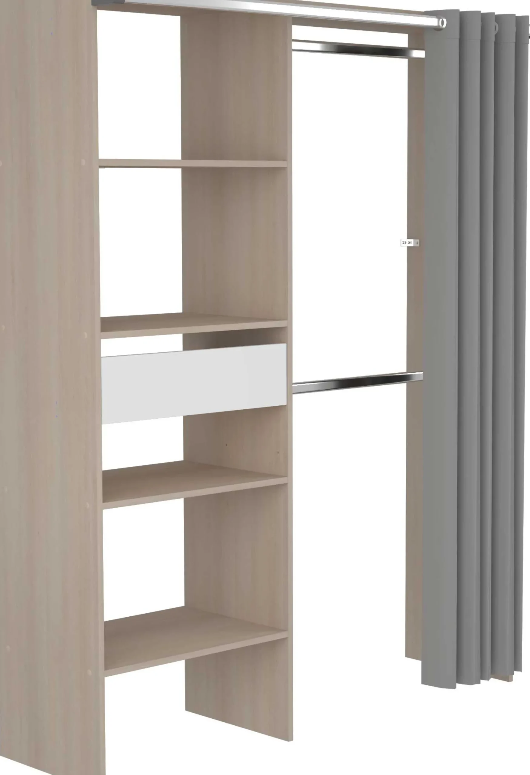 Balu Offener Kleiderschrank - 143x48x182cm - mit Vorhang - Akazie/Grau
