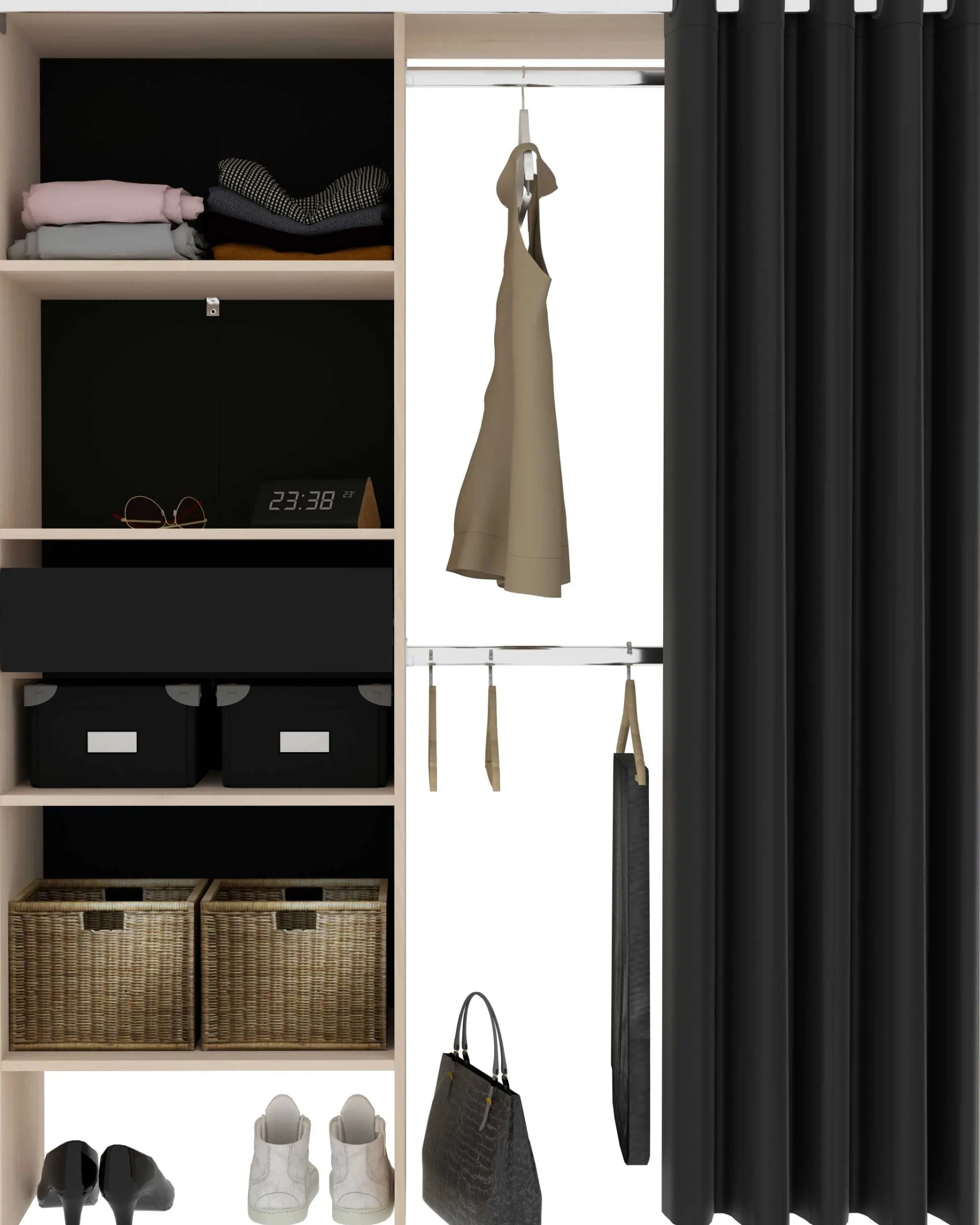 Balu Offener Kleiderschrank - 143x48x182cm - mit Vorhang - Akazie/Schwarz