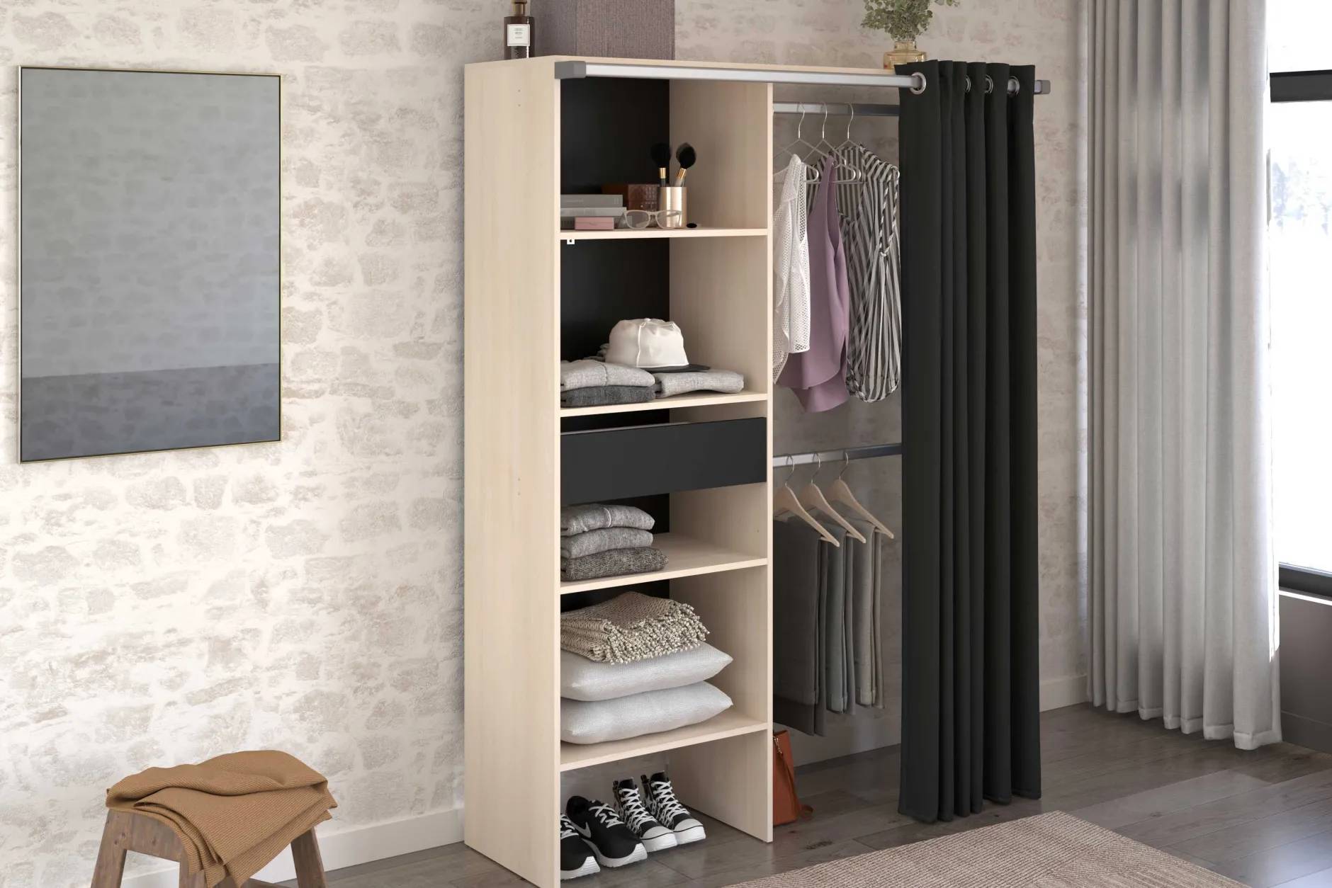 Balu Offener Kleiderschrank - 143x48x182cm - mit Vorhang - Akazie/Schwarz