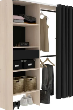 Balu Offener Kleiderschrank - 143x48x182cm - mit Vorhang - Akazie/Schwarz