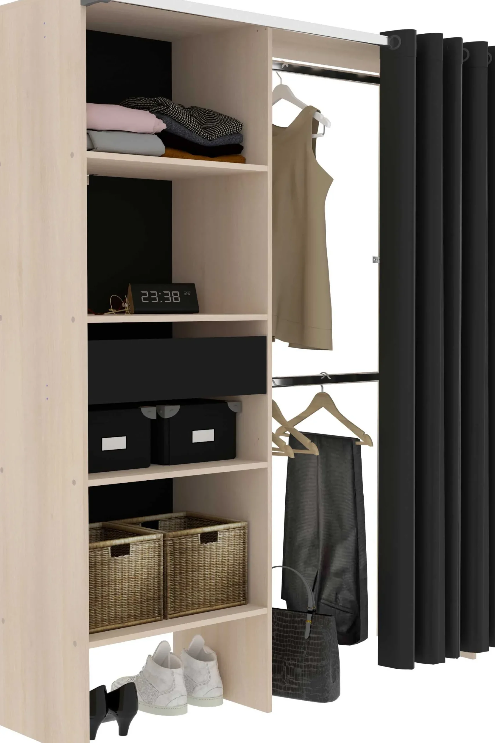 Balu Offener Kleiderschrank - 143x48x182cm - mit Vorhang - Akazie/Schwarz
