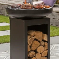Barbecue Pallas mit Holzlager und gusseiserner Plancha - schwarz