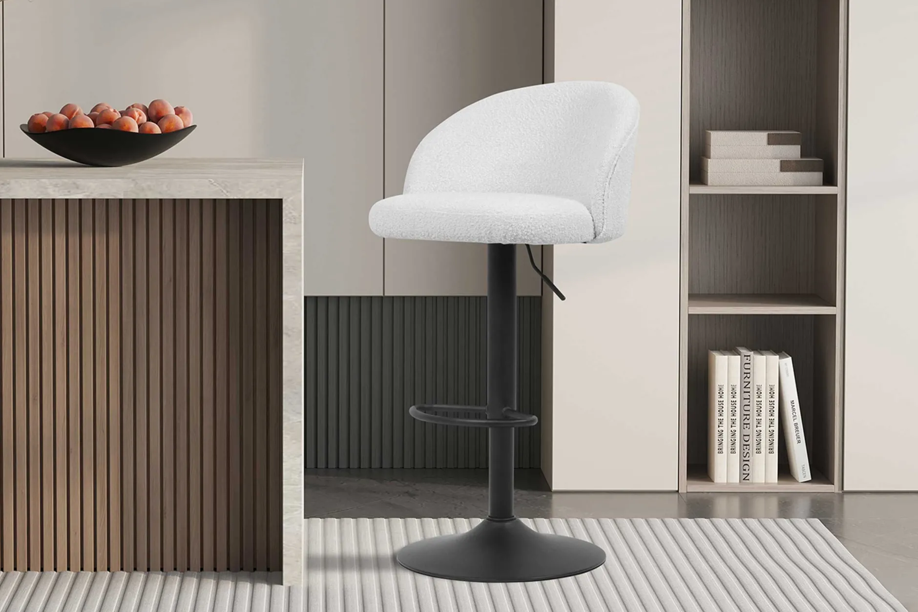 Barhocker Arda Bouclé Weiß | Metallbeine | H-H 86/107 x B-L 49 x T-P 46 cm