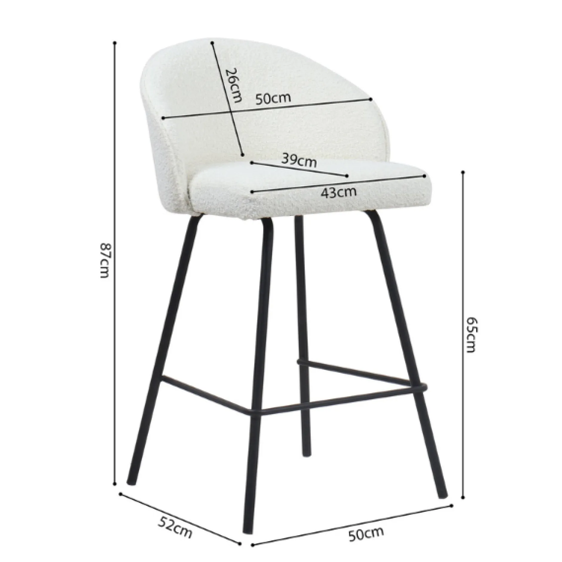 Barhocker June Bouclé Weiß | Metallbeine | H87 x B52 x T51 cm