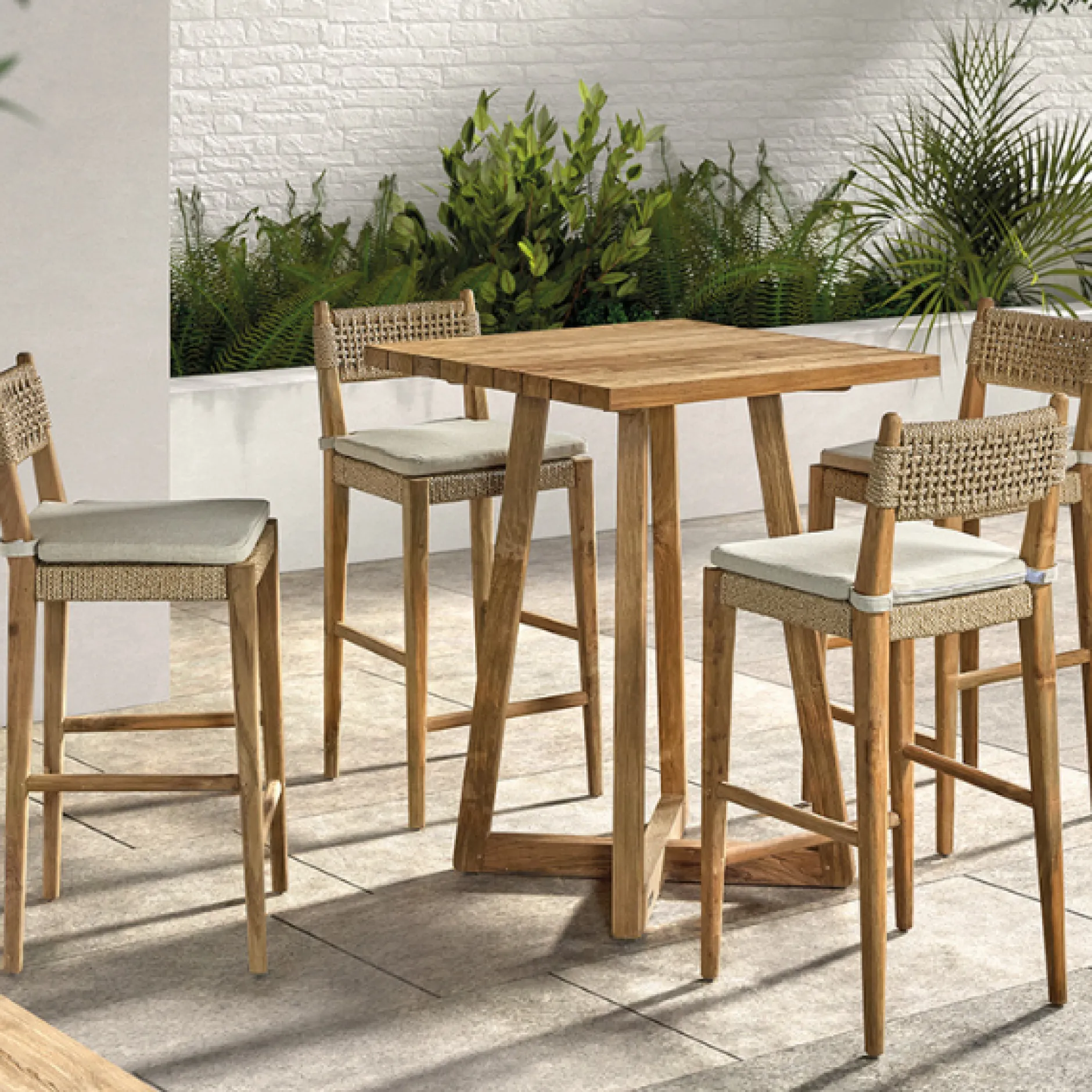Barhocker Minoli Gescova - Teakholz & Weidengeflecht - 46x53x110cm - mit Sitzkissen - Braun/Ecru