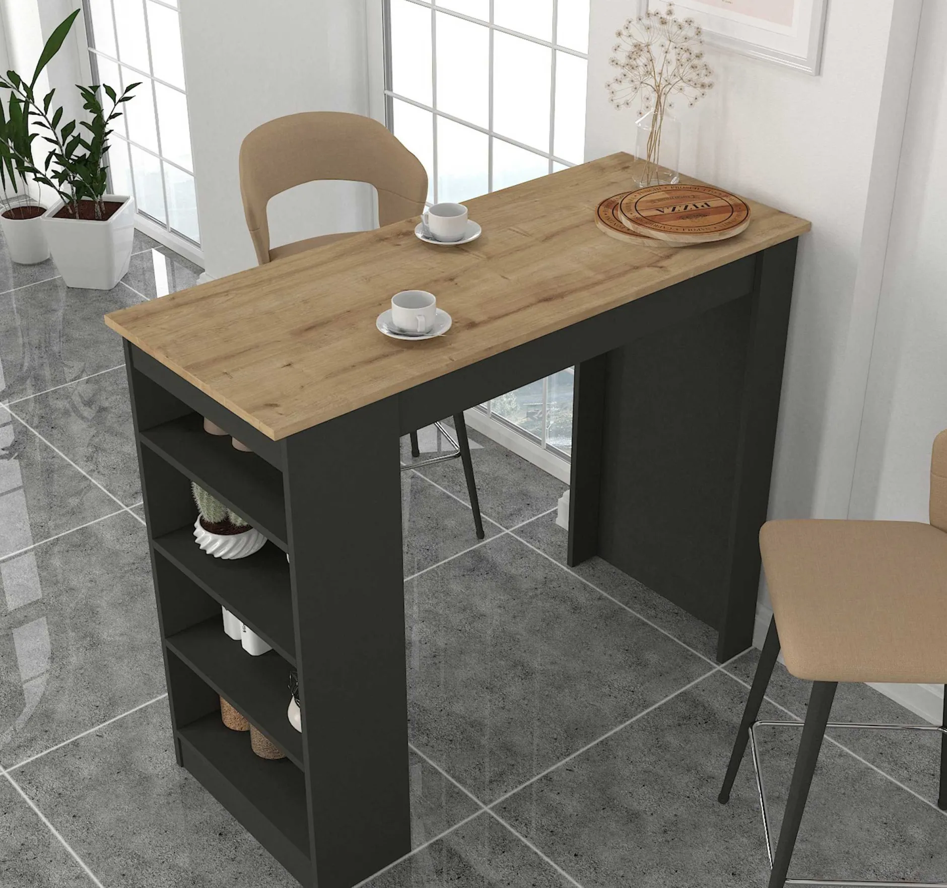 Bartisch Monaco - 120x52x102cm - mit Stauraum - Anthrazit/Eiche Dekor