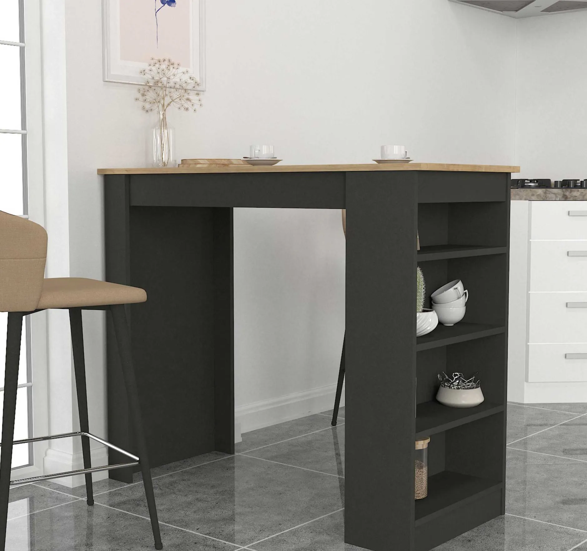 Bartisch Monaco - 120x52x102cm - mit Stauraum - Anthrazit/Eiche Dekor