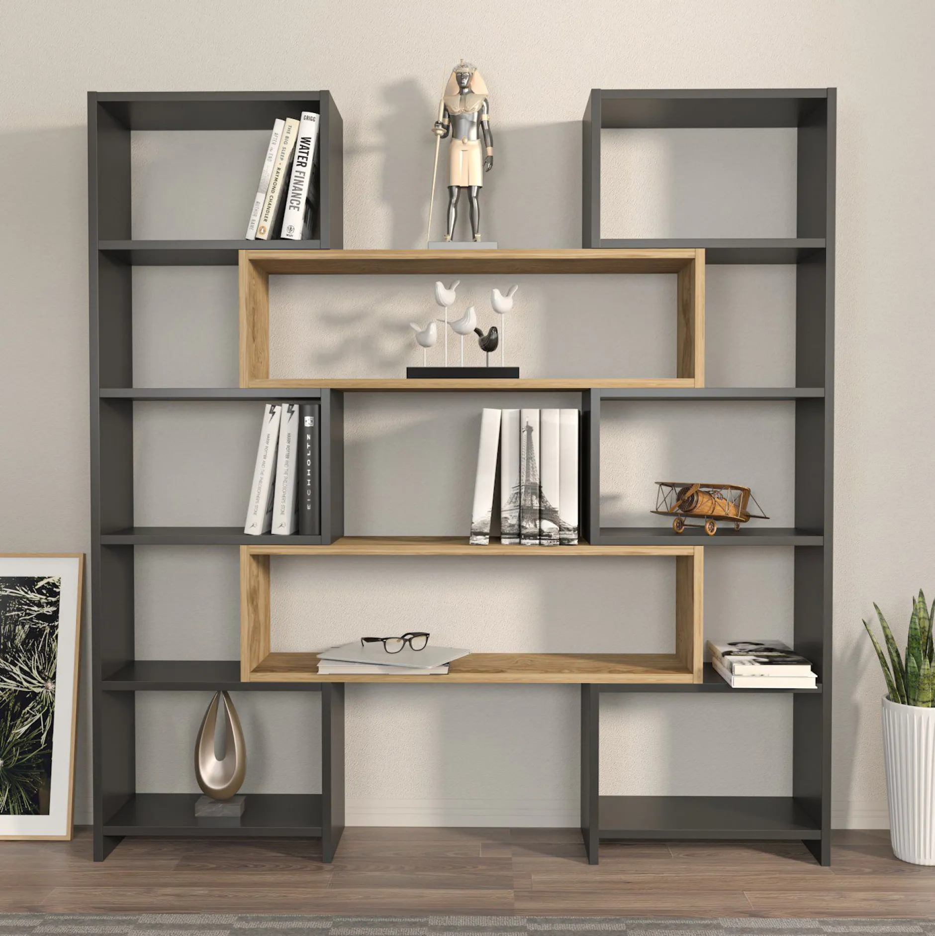 Bücherregal Poyraz - 100% MELAMINE - Schwarz - 163,5 x 150 x 22 cm