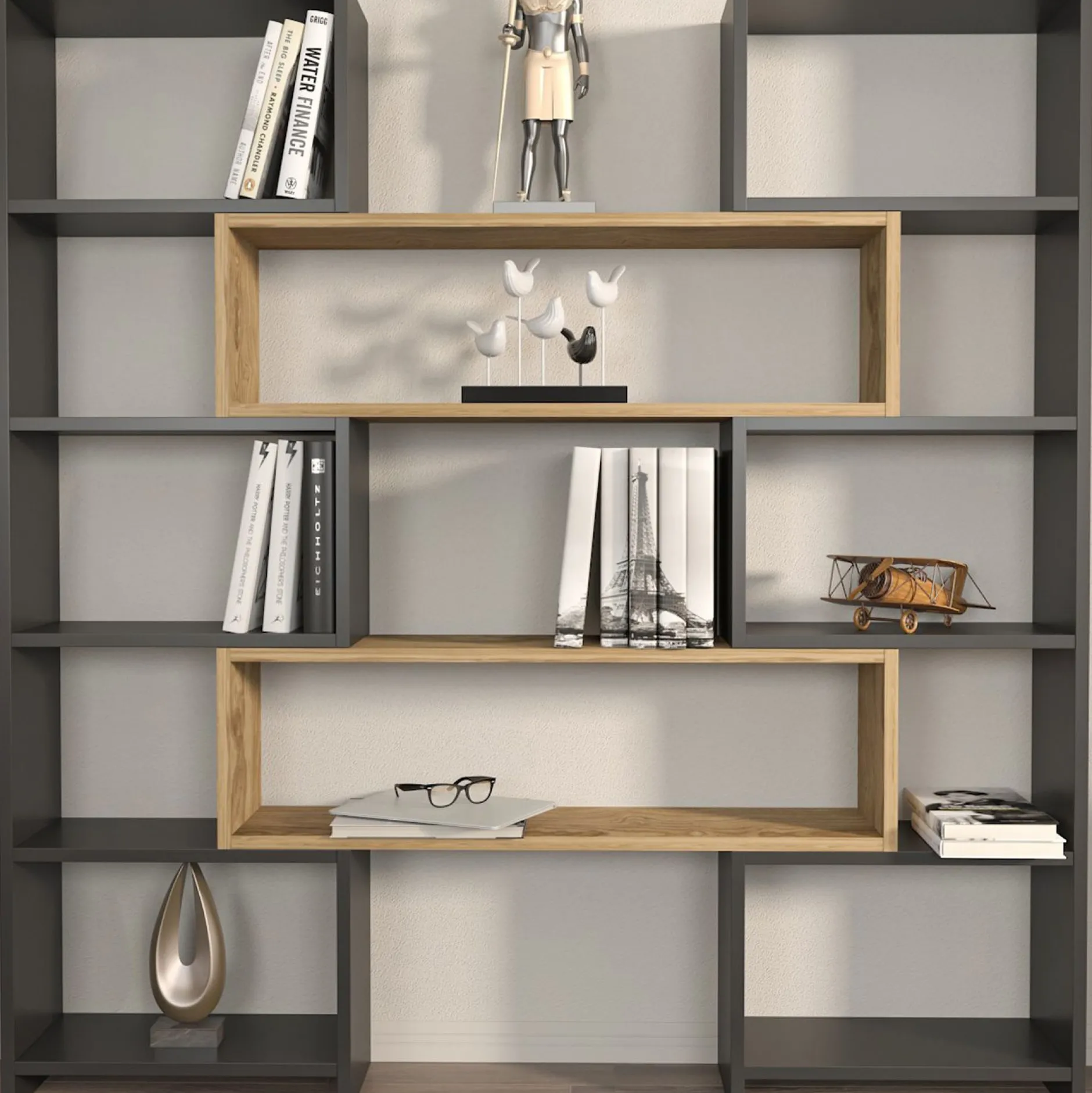 Bücherregal Poyraz - 100% MELAMINE - Schwarz - 163,5 x 150 x 22 cm