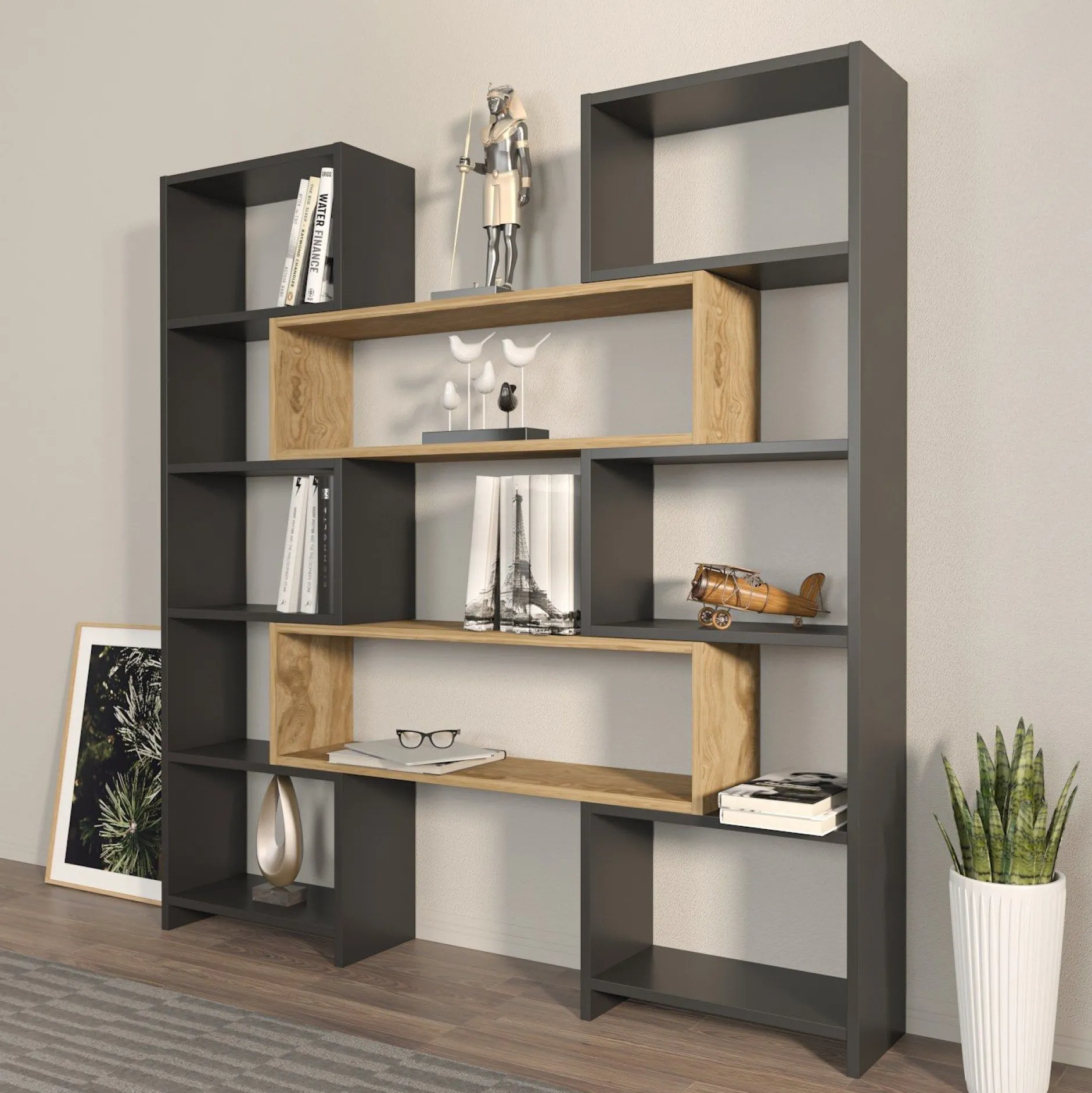 Bücherregal Poyraz - 100% MELAMINE - Schwarz - 163,5 x 150 x 22 cm