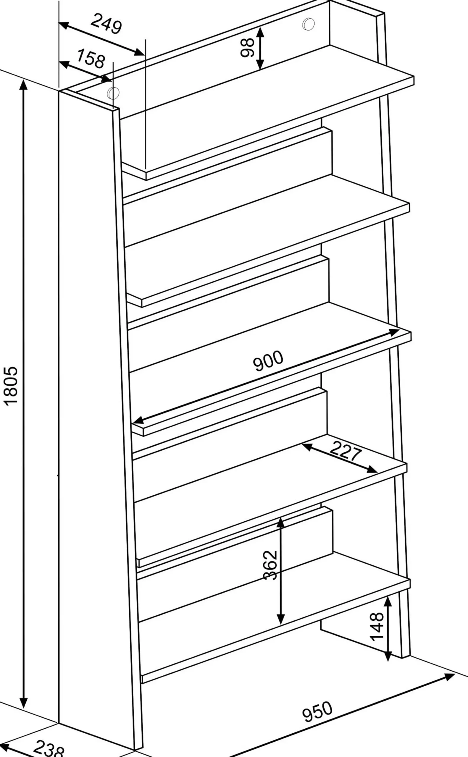 Bücherregal Quinty 95cm 5 Fachböden - grau/ Eiche Dekor