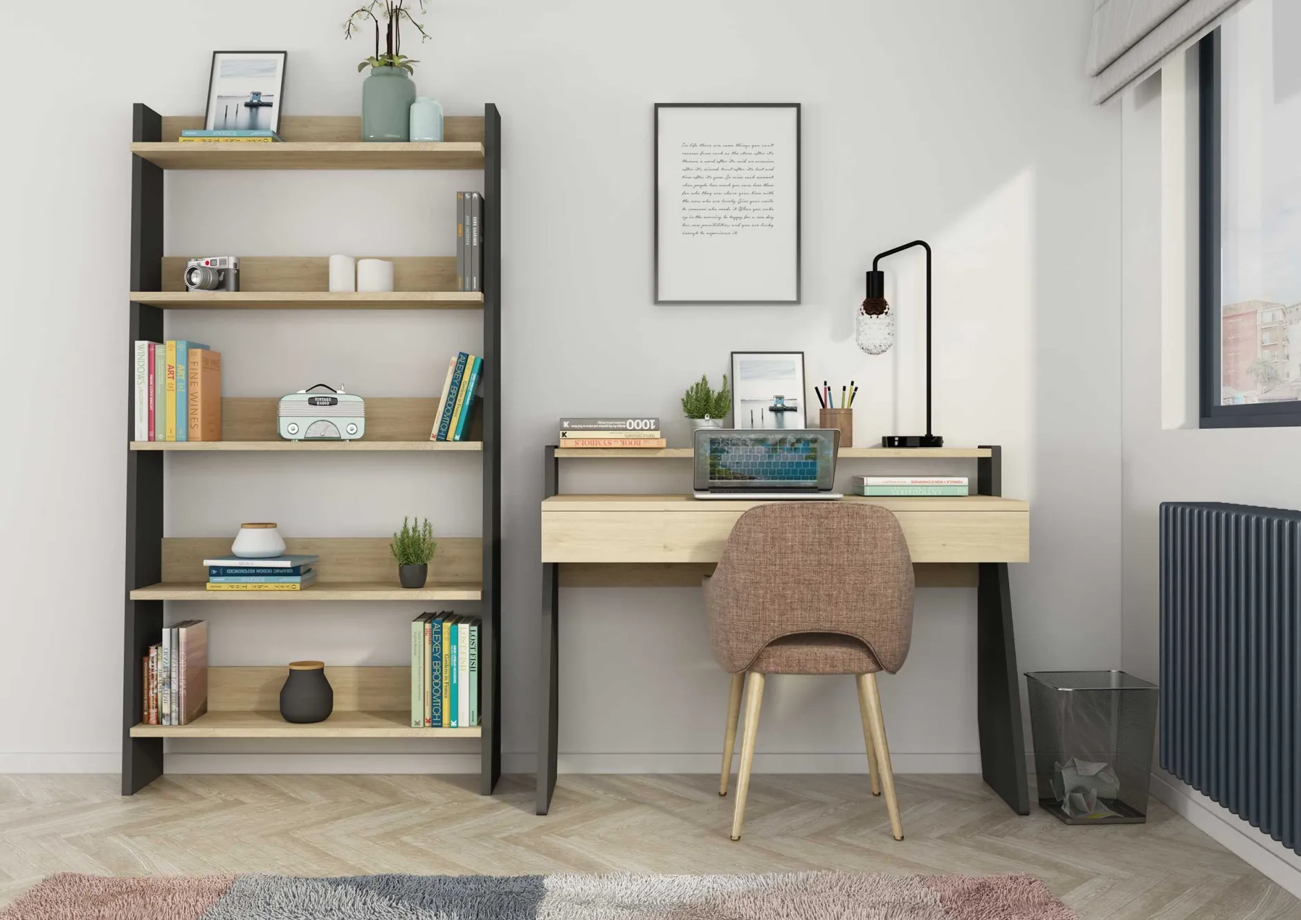 Bücherregal Quinty 95cm 5 Fachböden - grau/ Eiche Dekor
