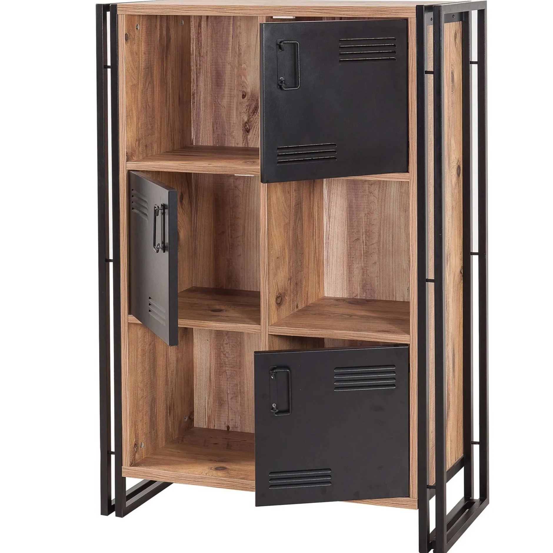 Bücherregal Sapphire - 89x35x127cm - 3 Türen - schwarzes Metall/Eiche Dekor