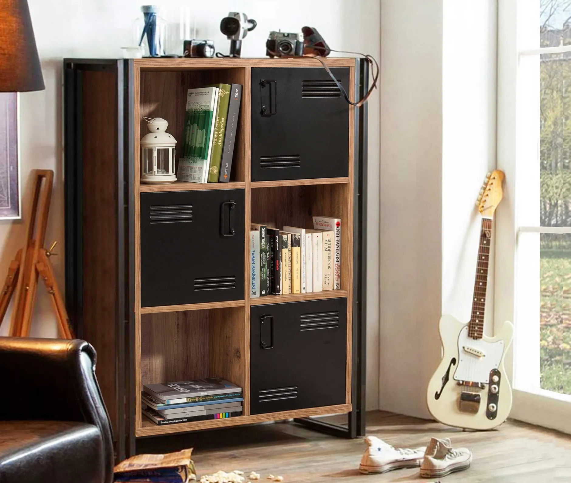Bücherregal Sapphire - 89x35x127cm - 3 Türen - schwarzes Metall/Eiche Dekor