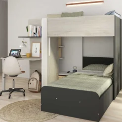 Beau Etagenbett 90x190 cm mit Schreibtisch-schwarz/pine/weiß