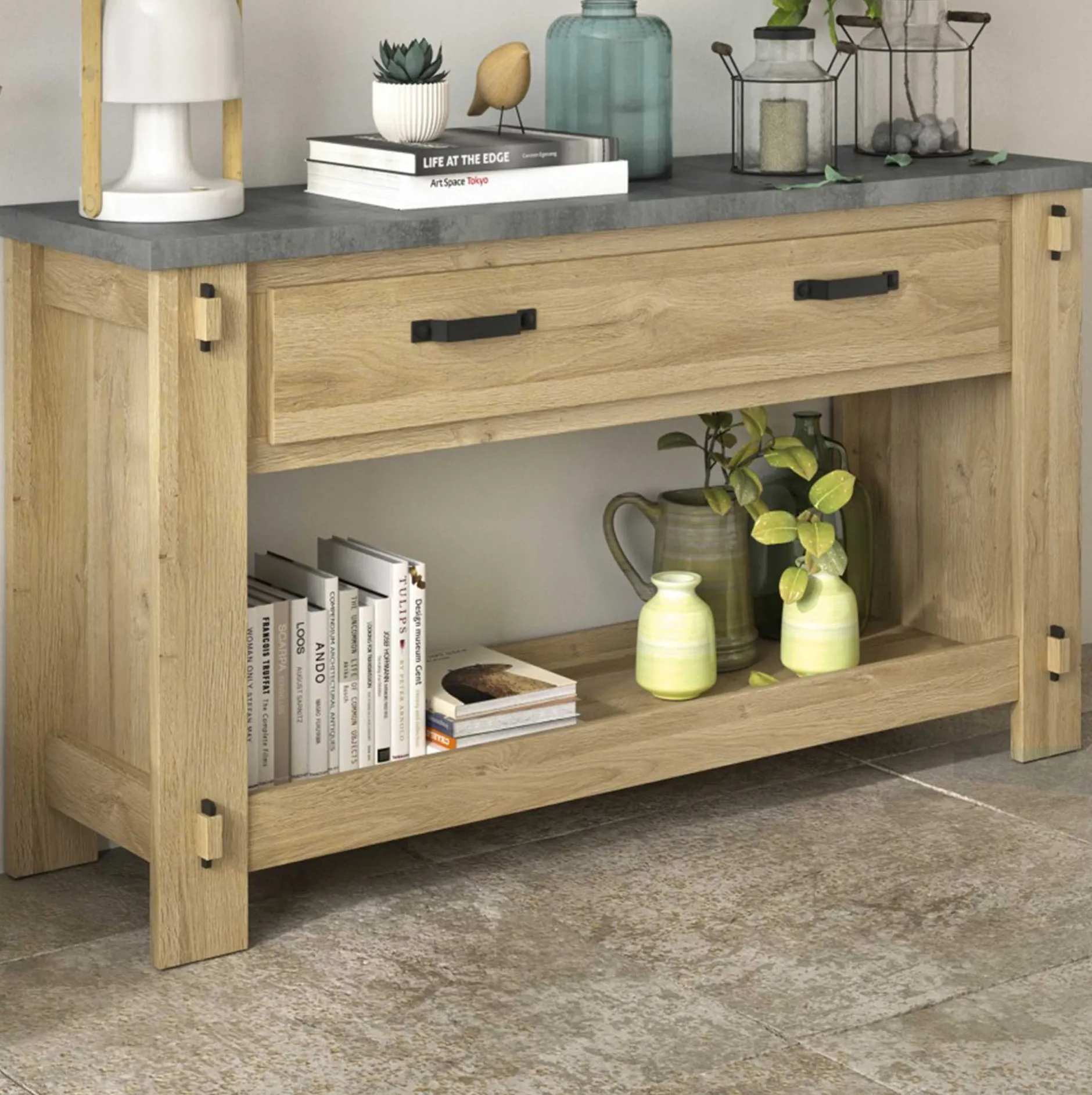 Beistelltisch Louane 156cm, 1 Schublade - Eiche/Beton