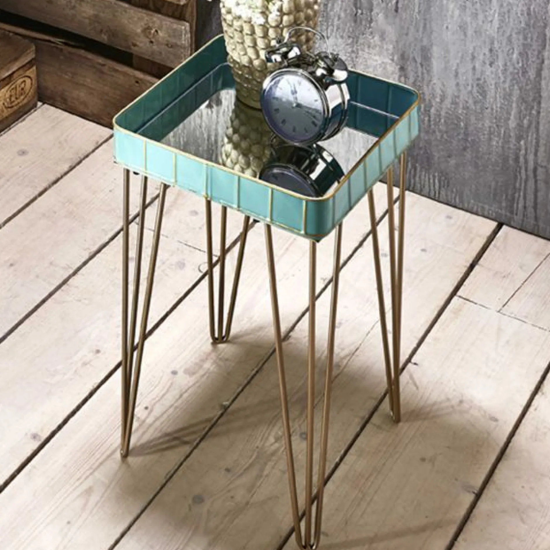 Beistelltisch | 35 x 35 x 56 cm | Gold-hellblau/Glas